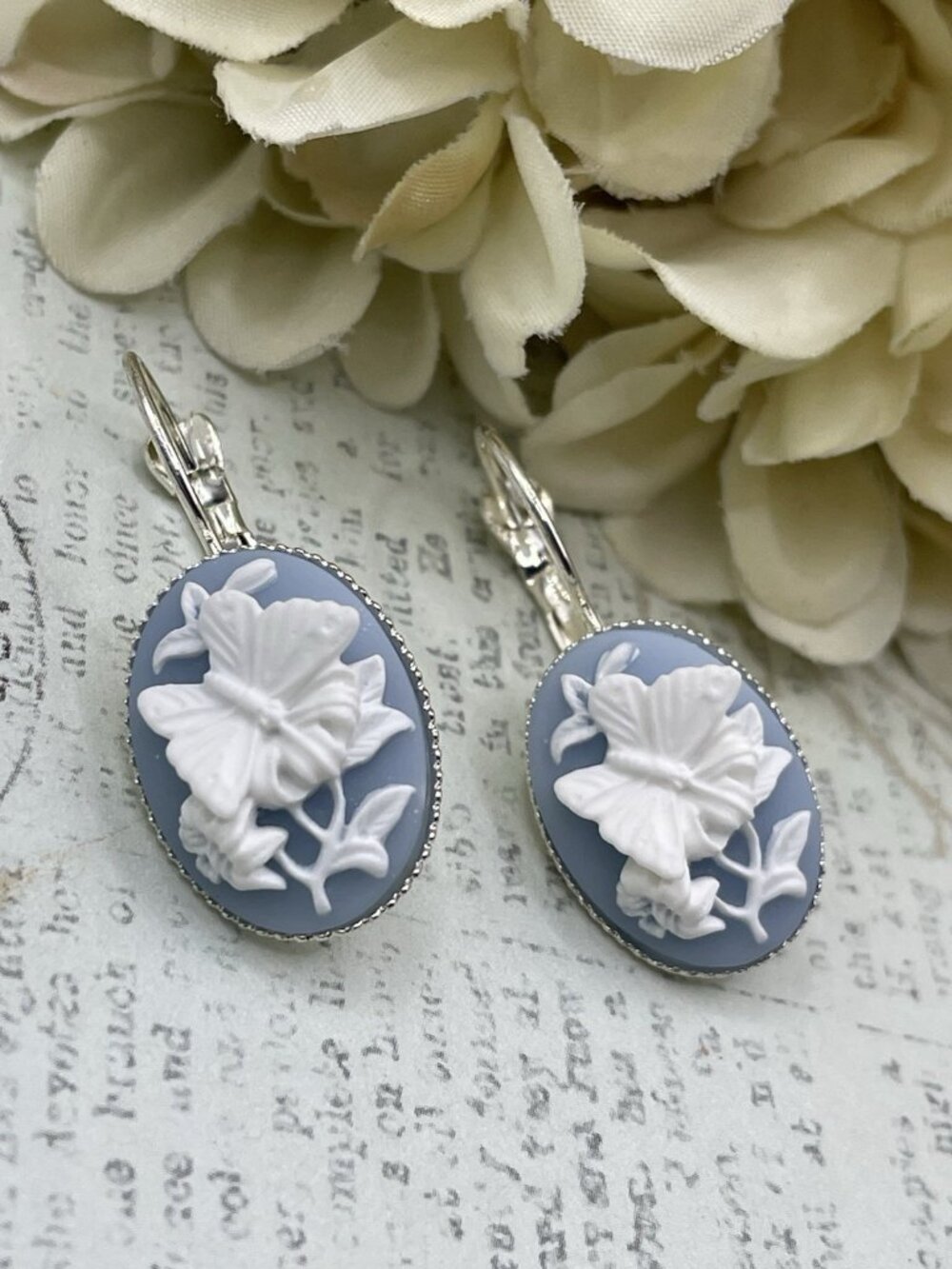 Blue Butterfly Gift Cameo fancy Silver Boutique French Wire Earrings Wedding